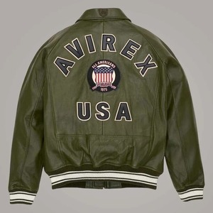 Avirex Green <b>Sheepskin</b> Leather Flight Bomber <b>Jacket</b> for Men - Product Image 2
