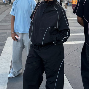 Custom Black Nylon Tracksuit Set, Unisex Zip-Up <b>Track</b> <b>Jacket</b> and Jogger Pants, Reflective Zipper Sportswear Windbreaker Set - Product Image 4
