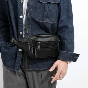 High Quality Genuine Black Leather Multi Zipper Chest Crossbody <b>Bag</b> for Men Premium Adjustable <b>Strap</b> Sling Waist Pack Low MOQ - Product Image 5