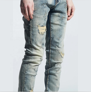 Jean en denim tissé 100 % coton respirant pour homme, coupe droite, délavé, effet vieilli, coupe haute, style streetwear hip-hop - Product Image 2