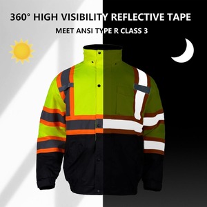 High Visibility Hooded Safety <b>Jacket</b> Men's Reflective Striped Workwear <b>Winter</b> <b>Waterproof</b> Canvas Style with Pockets - Product Image 3