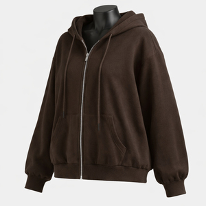 Sudadera con Capucha Unisex Extra Grande de Algodón Marrón con Cierre, Sudadera Informal con Capucha de Longitud Regular, Color Sólido, para Otoño - Product Image 5