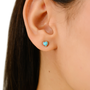 Light Weight Minimalist Dainty Bezel Set <b>Turquoise</b> Gemstone Heart Shape <b>Stud</b> <b>Earrings</b> Graduation Gift 14K White Gold Jewelry - Product Image 4