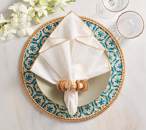 Sets de table en bambou durables, faits à la main, tissés, ronds, motif bleu, décoration de table, vente en gros, en vrac, B2B, directement de l'usine - Product Image 4