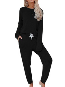 100% Cotton Women's Casual Two-Piece <b>Set</b> Long Sleeve Crew Neck <b>Knitted</b> Sweatshirt With Drawstring Jogger Pants Solid Color OEM - Product Image 2