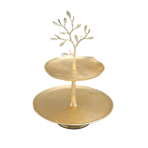Luxury Quality Golden Two Tier Metal Cake <b>Stand</b> With <b>Tree</b> Design For Wedding And Parties Dessert Tables At Reasonably Priced - Product Image 1
