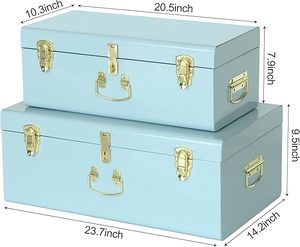 Sky <b>Blue</b> Decorative Metal Trunk Set Vintage Style Keepsake <b>Storage</b> <b>Boxes</b> with Polished Gold Latches for Bedroom and Nursery - Product Image 4