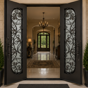 Elegante Puerta Doble de Hierro Forjado con Decoración Floral, Vidrio Esmerilado, Diseño de Entrada Principal de Lujo - Product Image 2