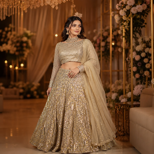 Conjunto de Lehenga Choli de Novia con Lentejuelas Doradas y Encaje, Diseño Moderno y Lujoso, para Mujer, para Bodas, Compromisos y Fiestas, con Bordado en Tela de Red - Product Image 2