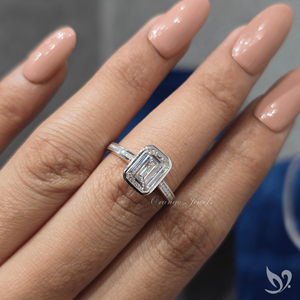Refined emerald cut lab grown diamond ring 2ct with bezel <b>frame</b> and channel band in 10k white gold - Product Image 5
