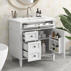 Modern 30\" Bathroom Vanity with Top <b>Sink</b> 2 Drawers and Tip Drawer Single <b>Sink</b> Bathroom <b>Storage</b> Cabinet - Product Image 3