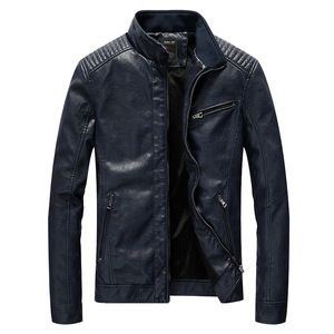 Chaqueta de Moto de Cuero PU para Hombre, Corte Ajustado, Cuello Alto, Cierre de Cremallera, Color Negro Sólido, Ropa de Motocicleta para Otoño, Manga Regular - Product Image 2