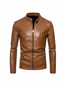 Chaqueta de Motociclista Unisex de Cuero PU Marrón Transpirable, Color Sólido, Cuello Alto, Cierre de Cremallera, Corte Ajustado, Largo Regular, Logotipo Frontal - Product Image 1