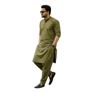 <b>Men's</b> Olive Green Cotton <b>Kurta</b> Pajama Set Traditional Casual Wear Regular Fit Ankle-Length All-Season Indian Pakistani Clothing - Product Image 5