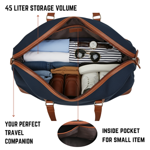 Bolsa de Lona Plegable de Gran Capacidad, Color Azul Marino, con Cierre, de Alta Calidad, Unisex, para Viajes de Fin de Semana, con Detalles en Cuero Genuino y Poliéster - Product Image 5