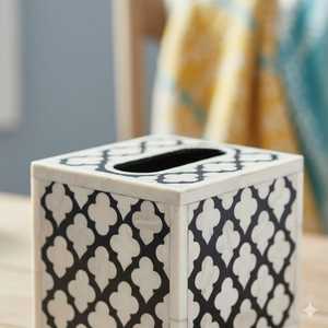 Handmade Black & White Bone Inlay Tissue <b>Box</b> Cover | Decorative Tissue Holder Cover, <b>Floral</b> Geometric Square Tissue Holder - Product Image 3