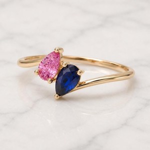 Bague de fiançailles plaquée or 18 carats avec deux pierres précieuses colorées, bague Toi et Moi en moissanite pour femme - Product Image 1