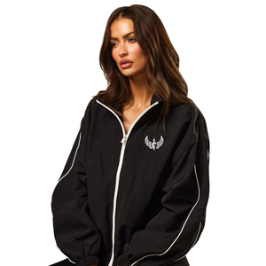 Womens Black Woven <b>Tracksuit</b> Full Zip Jacket and Straight Leg Pants Set Athleisure Fitness Sportswear Outfit - Product Image 3