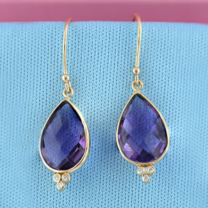 Nouvelles boucles d'oreilles en or jaune massif 18 carats avec améthyste véritable et diamants, forme goutte d'eau, longues, pour mariages - Product Image 5