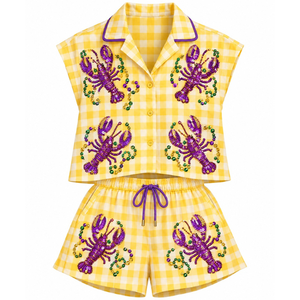 Conjunto de 2 Piezas para Mujer, Sudadera Morada con Cuello Redondo y Pantalones Cortos Verdes con Mangas Raglán, Lentejuelas con Diseño de Flor de Lis, Atuendo para Mardi Gras - Product Image 4