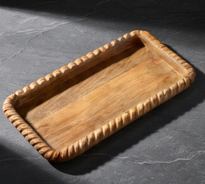 Unique Carved Rope Pattern <b>Wooden</b> Serving Tray Natural Hardwood Platter with Textured <b>Border</b> and Raised <b>Edge</b> - Product Image 4