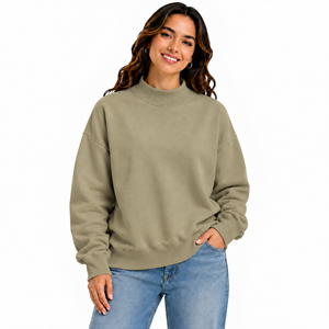 Sweat-shirt pull-over col roulé ample et personnalisé pour femme, 100 % coton, brodé, anti-plis, respirant, couleur unie - Product Image 4