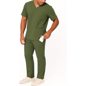 Conjunto de uniformes médicos para hombre, top negro con cuello en V y pantalones con bolsillos, uniforme de hospital, tela elástica de algodón y poliéster, detección de agujas - Product Image 2