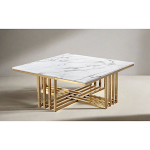<b>Square</b> White Marble Top Coffee <b>Table</b> with Geometric Gold Stainless Steel Base for Living Room Villa Furniture Center Tea <b>Table</b> - Product Image 1