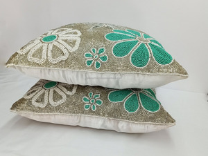 Floral Beaded Cushion <b>Cover</b> Handmade Embroidered Decorative Throw Pillow <b>Cover</b> Turquoise <b>Green</b> Home Decor - Product Image 5