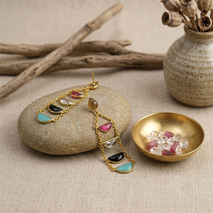 Multi Gemstone Chain Dangle <b>Earrings</b> Handmade Gold Plated Statement <b>Earrings</b> <b>Cat</b> Eye Onyx Quartz Chalcedony Jewelry - Product Image 1