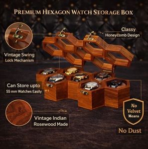 Boîte à montres et bijoux en bois artisanale à 7 emplacements pour hommes, présentoir vintage en nid d'abeille avec bois de rose indien et coussins en velours - Product Image 5