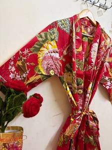 Al por mayor: Bata Kimono de Algodón Floral Rojo para Mujer, Transpirable, Cuello en V, Cierre con Cordón, Largo hasta el Tobillo, Ligera, Hecha a Mano, OEM - Product Image 2