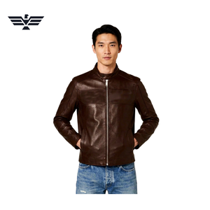 Veste en cuir PU marron pour homme, séchage rapide, 240g, style motard, col montant, fermeture éclair, couleur unie, coupe ajustée, pour l'automne - Product Image 1