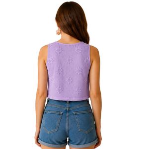Top Corto Morado Lavanda con Bordado Floral para Mujer, Chaleco de Verano sin Mangas de Algodón, Top Casual de Moda Urbana con Logotipo Personalizado - Product Image 2