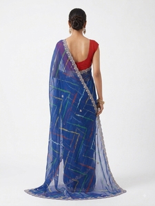 Sari de Seda Azul con Estampado Digital de DevI Fashions, Bordado Floral, para Mujer, Tradicional para Bodas y Fiestas, Bengala Occidental, India - Product Image 2