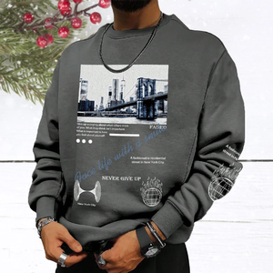 Sudadera blanca con cuello redondo para hombre, estampada con gráfico del puente de Nueva York y texto motivacional, estilo streetwear, corte regular. - Product Image 4