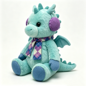 Peluche de dragon bleu turquoise personnalisée et adorable, peluche de dragon assis avec cache-oreilles et écharpe, jouet en peluche dragon, animal en peluche dragon d'hiver - Product Image 1