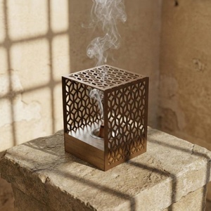<b>Laser</b>-Cut Metal <b>Cube</b> Incense Burner - Geometric Patterned Screen With Wooden Base. Modern Arabic Decor For Home & Ramadan - Product Image 2