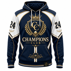 Sweat à capuche de baseball unisexe Champions Club, pull-over avec impression par sublimation, design bleu marine, blanc et or, vêtements de sport pour adultes - Product Image 1