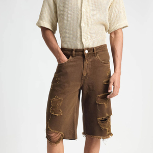 Pantalones Cortos de Mezclilla Desgastados Personalizados para Hombre, Estilo Vintage con Diamantes, Lavado Ácido, Dobladillo sin Rematar y Diseño con Pedrería, Estilo Urbano - Product Image 2