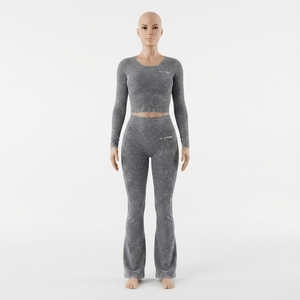 Women Gray Acid Wash Yoga <b>Set</b> <b>Long</b> <b>Sleeve</b> Crop Top High Waist Flare Leggings <b>Gym</b> Fitness Workout Activewear - Product Image 2