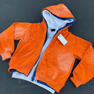 500 GSM Hoodie Clothing Manufacturer Thick Oversized Triple Layered Patch Embroidery Zip up Stone Acid Wash <b>Jackets</b> Hoodies Men - Product Image 4