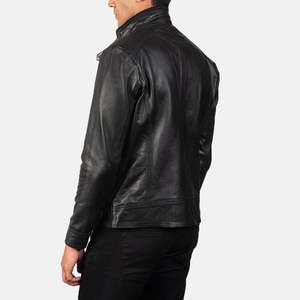 Veste moto en cuir véritable noir pour homme, col montant, fermeture à boutons, coupe ajustée, longueur normale, couleur unie, style automne - Product Image 2