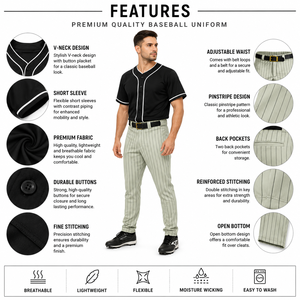 Unisex Baseball Uniform Black Jersey White Pinstripe Pants Breathable Moisture Wicking Polyester Short Sleeve - Product Image 4