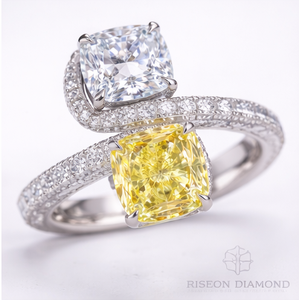 18K White Gold Toi et Moi Engagement Ring Fancy Yellow and White Cushion Cut Diamond Luxury Crossover Statement Band - Product Image 3
