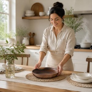 Bol de service en bois rustique, grande assiette en bois artisanale pour table à manger, cuisine et décoration intérieure - Product Image 2