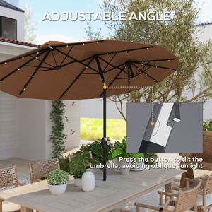 9,7 piedi Ombrellone da Patio Bifacciale con Inclinazione a 45 Gradi e Manovella, Luce Solare a LED, 12 Stecche, Colore Caffè, Raggio 3m, Realizzato in Poliestere - Product Image 4