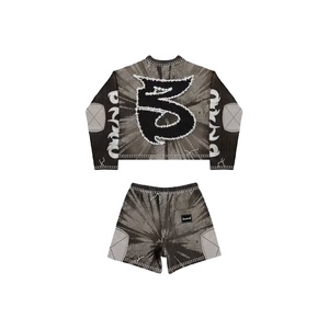 Ensembles de t-shirts pour hommes personnalisés Col côtelé avec ourlet vieilli en pierre T-shirts pour hommes Bande de taille élastique Ensemble short et t-shirts pour hommes - Product Image 3