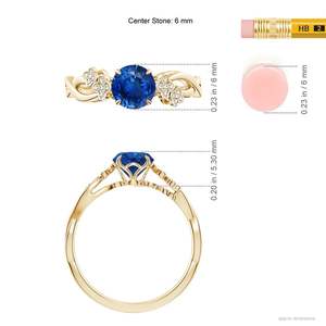 Bague de fiançailles florale en saphir bleu rond d'inspiration naturelle, bijoux fins faits à la main, personnalisés, mariage, fiançailles, or massif 14 carats - Product Image 3