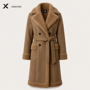 Women's Faux Shearling Woolen Mix <b>Long</b> Winter Trench <b>Coat</b> Belted Double Breasted Warm OEM ODM - Product Image 1